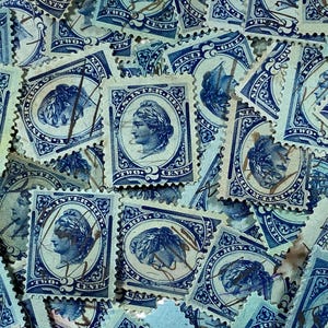 Stamp Art, Azul, Lady Liberty, 2 centavos, EUA, 1800, selos usados