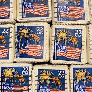 Arte de sellos, fuegos artificiales, bandera de EE. UU., 22 centavos, EE. UU., sellos usados