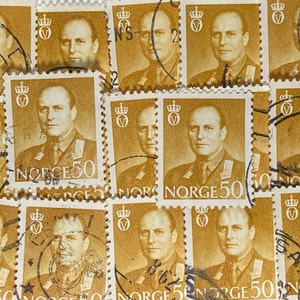 Timbres d'art, jaune, roi Olav V, 50 minerais, Norvège, timbres oblitérés