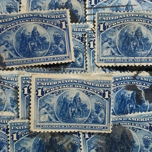 Stamp Art, Blauw, 1892, Columbus in zicht van land, 1 cent, VS, Grote gebruikte postzegels