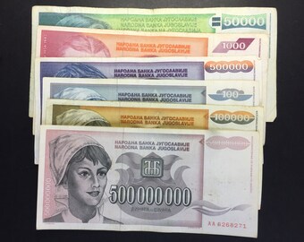 Yugoslavia hyperinflation paper money 6 banknotes Vintage