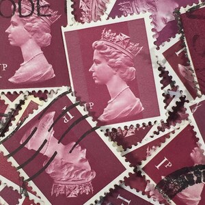 Stamp Art, Crimson, Queen Elizabeth II, Machin, Groot-Brittannië, gebruikte postzegels, 1p