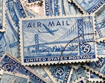 Stamp Art, San Francisco Bay plane flying over, Air Mail, 25 cents, USA, Blue, large used stamps
