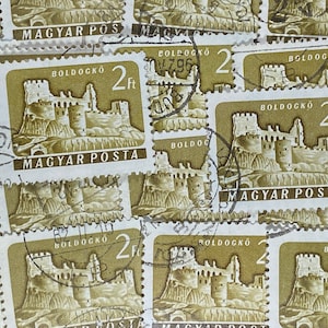 Arte de carimbo, amarelo/marrom, castelo, Boldogko, 2 pés, Hungria, selos grandes usados