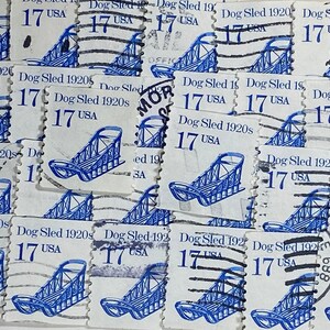 Arte em carimbo, trenó puxado por cães, década de 1920, 17 centavos, EUA, selos usados