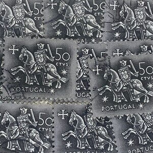Stamp Art, Wit/Zwart, Ridder te paard, 50 Centavos, Portugal, gebruikte postzegels