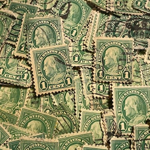 Sztuka znaczka, Zielony, Ben Franklin, 1 cent, USA, używane znaczki