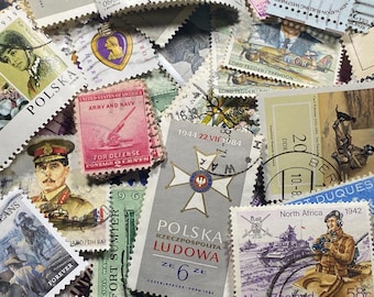 Stamp Art, Vintage Allied Military themed stamps, 200 used stamps, Many duplicates