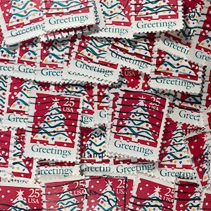 Stamp Art, rood, groeten, kerstboom, 25 cent, VS, gebruikte postzegels