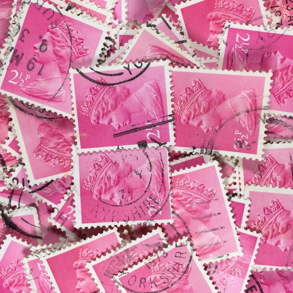 Stamp Art, Pink, Queen Elizabeth II, Machin, Great Britain, used stamps, 2.5p