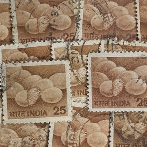Arte con sellos, marrón, huevos de gallina, pollito, 25 rupias, India, sellos usados
