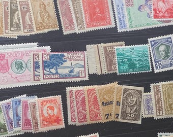 Stamp art, 100 Vintage Mint World Stamps, No USA, 1930's-1990's
