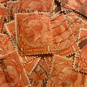 Arte de selo, vermelho, rei George V, Grã-Bretanha, um centavo, 1 decimal, selos usados