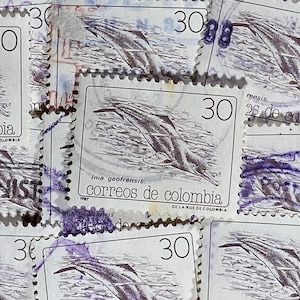 Arte en sellos, Inia Geofrensis, Delfín, 30 pesos, Colombia, sellos usados