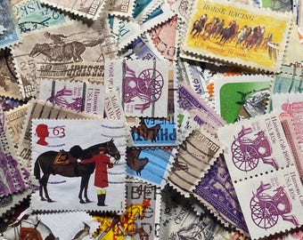 Stamp Art, Vintage Horse and Horse drawn carriages stamps, 200 used stamps, Many Duplicates