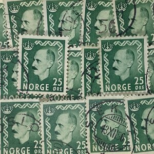 Stamp Art, Vert, Roi Haakon VII, 25 Ore, Norvège, timbres utilisés