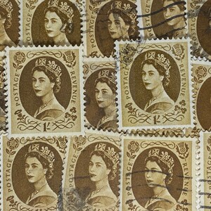 Stamp Art, Bronze, Rainha Elizabeth II, Wilding, Grã-Bretanha, selos usados, 1 xelim