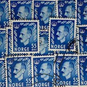 Stamp Art, Blu, Re Haakon VII, 55 Ore, Norvegia, francobolli usati