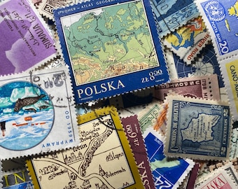 Stamp Art, Vintage Map Stamps, 50 used stamps, Some Duplicates