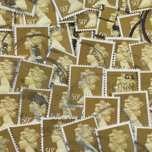 Stamp Art, Ocre, Reina Isabel II, Machin, Gran Bretaña, sellos usados, 50p
