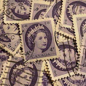 Stamp Art, Purple, Queen Elizabeth II, Wilding, Canadá, selos usados