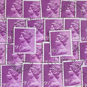 Arte em selos, roxo, Rainha Elizabeth II, Machin, Grã-Bretanha, selos usados, 9,5p
