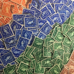 Stamp Art, Naranja, Púrpura, Azul, Marrón, Reina Isabel II, Wilding, Gran Bretaña, sellos usados, más de 200 en total
