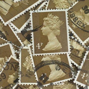 Stamp Art, Okerbruin, Koningin Elizabeth II, Machin, Groot-Brittannië, gebruikte postzegels, 4p