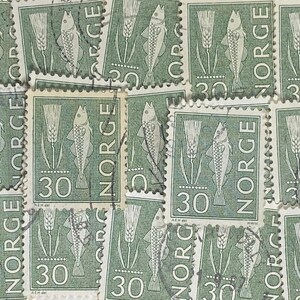 Sello artístico, verde, pescado, trigo, 30 Ore, Noruega, sellos usados