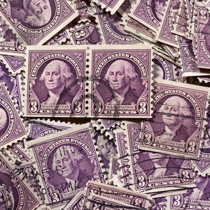 Arte em carimbo, roxo, George Washington, 3 centavos, EUA, selos usados