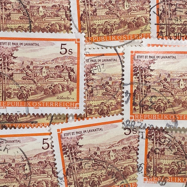 Stamp Art, Orange, Stift St. Paul Im Lavanttal, 5 Shilling, Austria, Large used stamps