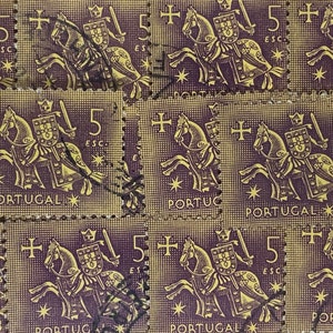 Stamp Art, Purple, Ritter zu Pferd, 5 Escudo, Portugal, gebrauchte Stempel