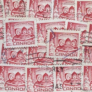 Arte con sellos, rojo, villancicos, Navidad, 3 centavos, Canadá, sellos usados