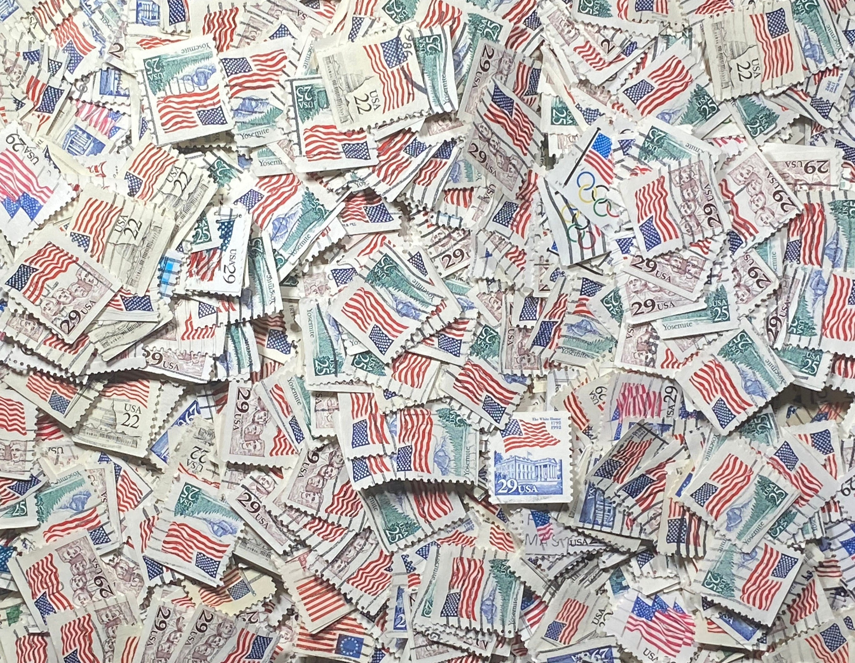 Stamp Art, Vintage USA Flags, USA, 6-29 Cents, 200 used stamps