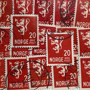 Stamp Art, Vermelho, Brasão, Leão, 20 Ore, Noruega, selos usados