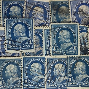 Arte de sellos, azul, Ben Franklin, 1 centavo, EE. UU., sellos usados
