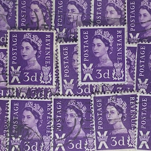 Arte de carimbo, roxo, rainha Elizabeth II, 3 decimais, regional da Grã-Bretanha, selos usados