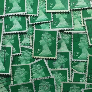 Stamp Art, Bright Emerald, Queen Elizabeth II, 12p, Machin, Groot-Brittannië, gebruikte postzegels