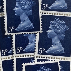 Stamp Art, Blue, Queen Elizabeth II, Great Britain, Machin, 5d, postzegels 12 in totaal