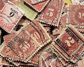 Stamp Art, Vintage Postage Due stamps, 100 used stamps, Many duplicates