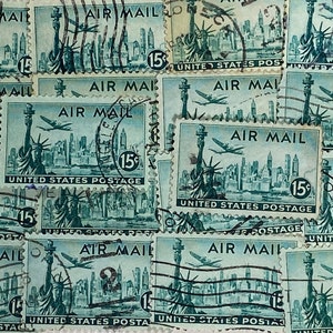 Stamp Art, New York City, Air Mail, 15 cent, VS, grote gebruikte postzegels