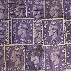 Stamp Art, Purple, King George VI, Grossbritannien, 3 Decimal, gebrauchte Briefmarken