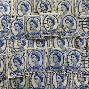 Stamp Art, Blau Weiss, Queen Elizabeth II, Wilding, Grossbritannien, gebrauchte Briefmarken