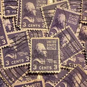 Stamp Art, paars, Thomas Jefferson, Amerikaanse postzegels, 3 cent, VS, gebruikte postzegels