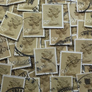 Stamp Art, okerbruin, koningin Elizabeth II, Machin, Groot-Brittannië, gebruikte postzegels, 50p