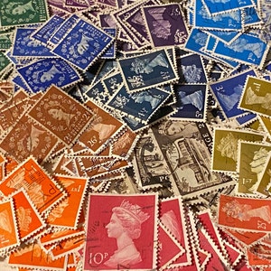Stamp Art, Reina Isabel II, Machin, Wilding, Gran Bretaña, sellos usados, 18 colores diferentes, elaboración o creación, 270 sellos