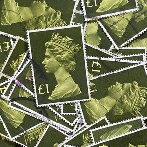 Arte de sellos, verde oliva, reina Isabel II, Machin, Gran Bretaña, sellos usados grandes, 1 libra