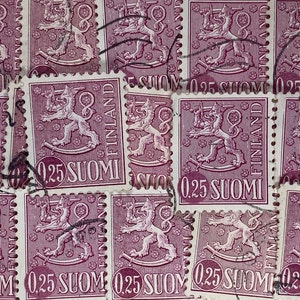 Stamp Art, paars, leeuw, wapenschild, .025 Marks, Finland, gebruikte postzegels