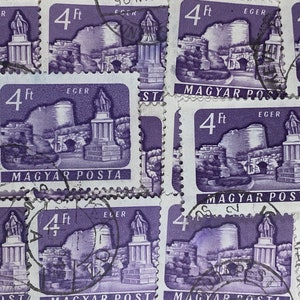 Stamp Art, Paars, Eger, 4ft, Hongarije, Grote gebruikte postzegels