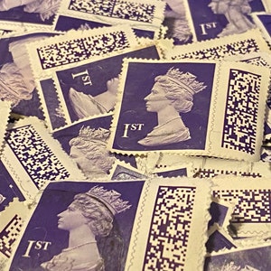 Stamp Art, Deep Purple, Rainha Elizabeth II, Machin, Grã-Bretanha, grandes selos usados, 1ª Classe